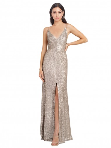 Achat Argent Fourreau Col V Paillette Paillettes Scintillantes Longue Formelles Robes demoiselle d'honneur / Robes de soirée / Robes de bal
