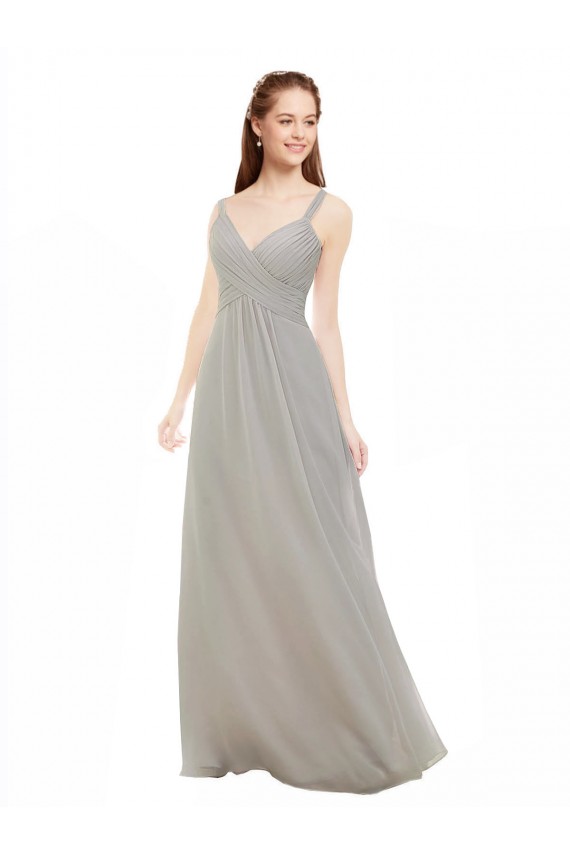 Achat Argent Trapèze Bretelles spaghetti Col V Mousseline Longue Robes demoiselle d'honneur