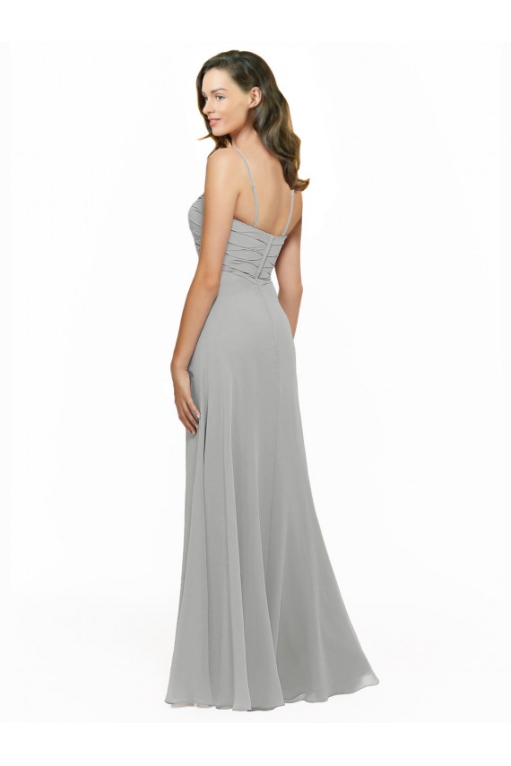 Achat Argent Trapèze Bretelles spaghetti Mousseline Longue Robes demoiselle d'honneur