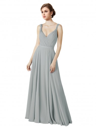 Achat Argent Trapèze Col V Mousseline Longue Robes demoiselle d'honneur