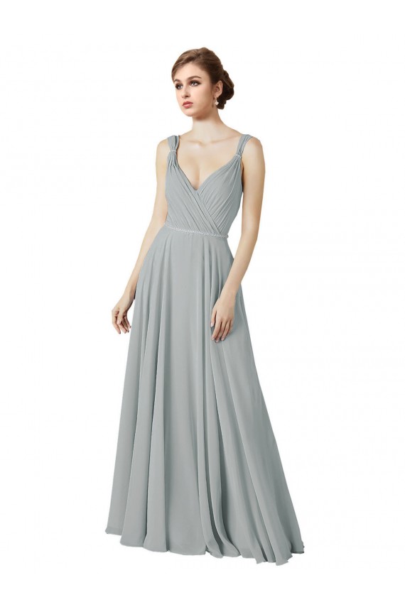 Achat Argent Trapèze Col V Mousseline Longue Robes demoiselle d'honneur