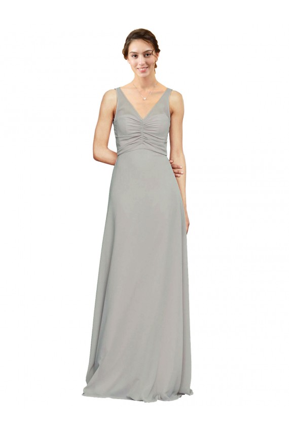 Achat Argent Trapèze Col V Mousseline Longue Robes demoiselle d'honneur