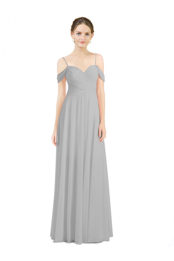Achat Argent Trapèze Épaule Dénudée Bretelles spaghetti Mousseline Longue Robes demoiselle d'honneur