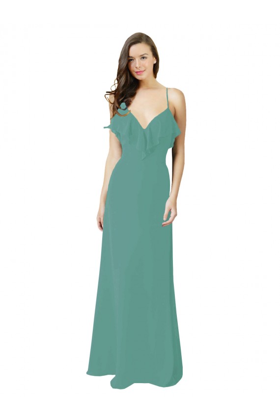 Achat Argent islandais Trapèze Bretelles spaghetti Col V Mousseline Longue Robes demoiselle d'honneur