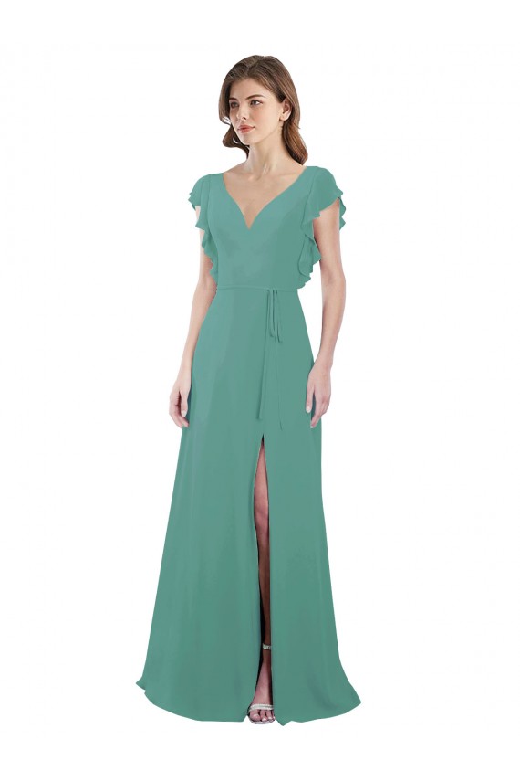 Achat Argent islandais Trapèze Col V Mousseline Longue Robes demoiselle d'honneur