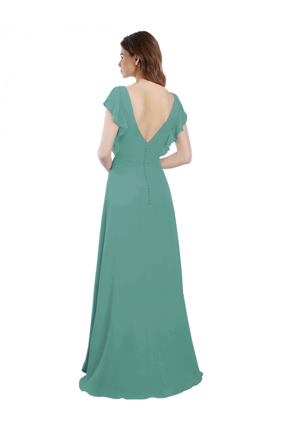 Achat Argent islandais Trapèze Col V Mousseline Longue Robes demoiselle d'honneur