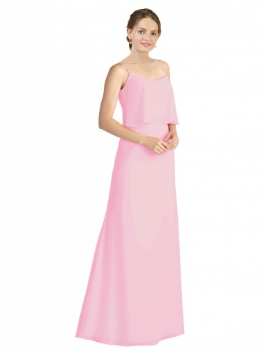 Achat Barely Rose Trapèze Bretelles spaghetti Mousseline Longue Robes demoiselle d'honneur