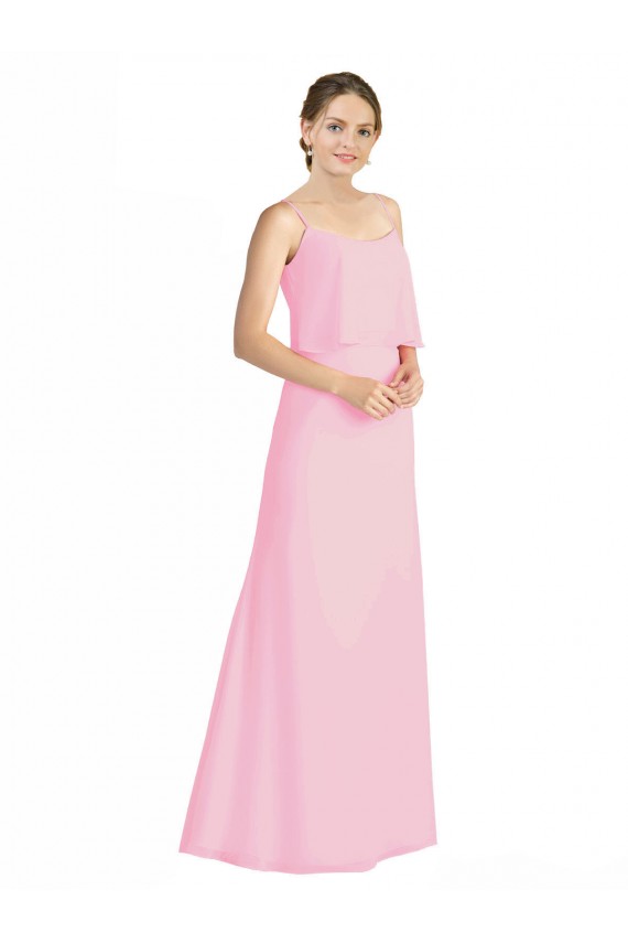 Achat Barely Rose Trapèze Bretelles spaghetti Mousseline Longue Robes demoiselle d'honneur