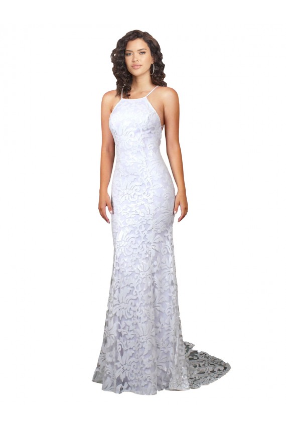 Achat Blanc Fourreau Col Haut Balayage train Dentelle Robes de mariée