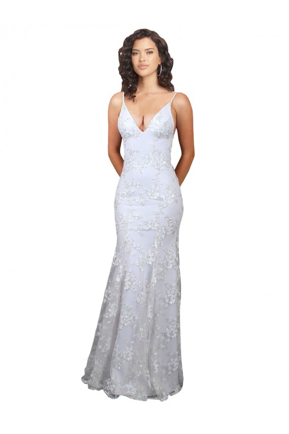 Achat Blanc Sirène Col V Crêpe Stretch Paillette Tulle Longue Formelles Robes demoiselle d'honneur / Robes de soirée / Robes de bal