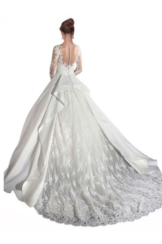 Achat Blanc Trapèze Illusion Traîne cathédrale Satiné Dentelle Robes de mariée