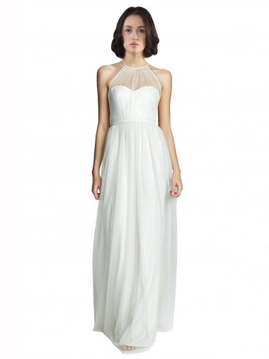 Achat Blanc Trapèze Licou Col Haut Tulle Longue Robes demoiselle d'honneur