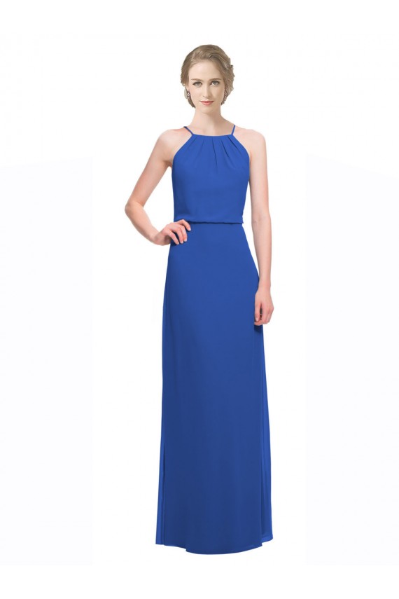 Achat Bleu 135 Trapèze Bretelles spaghetti Mousseline Longue Robes demoiselle d'honneur
