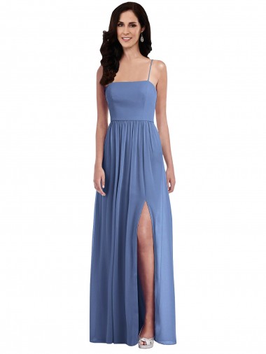 Achat Bleu Windsor Trapèze Bretelles spaghetti Mousseline Longue Robes demoiselle d'honneur