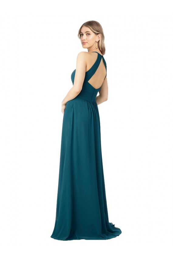 Achat Bleu Windsor Trapèze Col Haut Mousseline Longue Robes demoiselle d'honneur