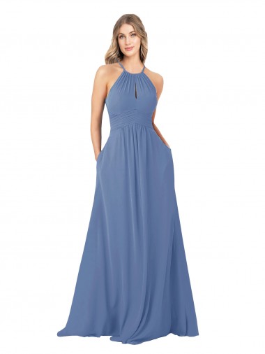 Achat Bleu Windsor Trapèze Col Haut Mousseline Longue Robes demoiselle d'honneur
