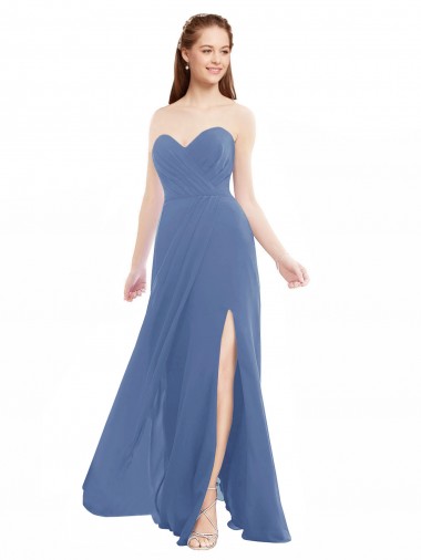 Achat Bleu Windsor Trapèze Sans bretelle Mousseline Longue Robes demoiselle d'honneur