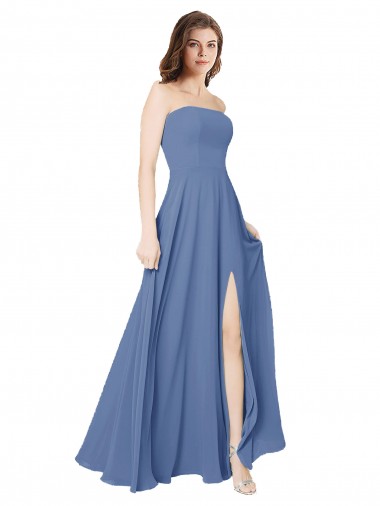 Achat Bleu Windsor Trapèze Sans bretelle Mousseline Longue Robes demoiselle d'honneur