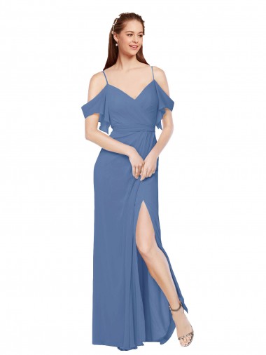 Achat Bleu Windsor Trapèze Épaule Dénudée Mousseline Longue Robes demoiselle d'honneur