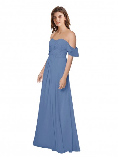 Achat Bleu Windsor Trapèze Épaule Dénudée Sans bretelle Mousseline Longue Robes demoiselle d'honneur