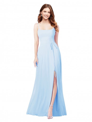 Achat Bleu ciel clair Fourreau Bretelles spaghetti Col Carré Mousseline Longue Robes demoiselle d'honneur