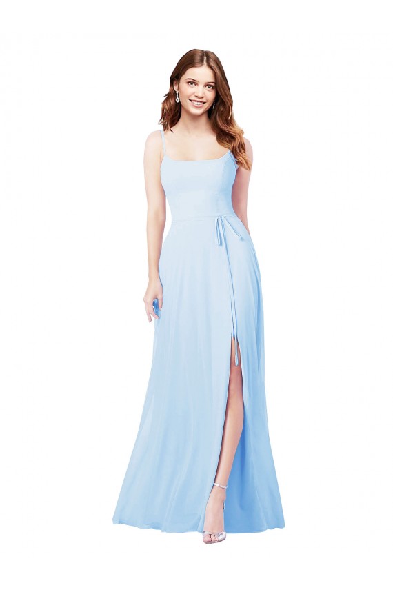 Achat Bleu ciel clair Fourreau Bretelles spaghetti Col Carré Mousseline Longue Robes demoiselle d'honneur