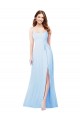 Achat Bleu ciel clair Fourreau Bretelles spaghetti Col Carré Mousseline Longue Robes demoiselle d'honneur
