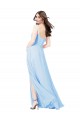 Achat Bleu ciel clair Fourreau Bretelles spaghetti Col Carré Mousseline Longue Robes demoiselle d'honneur
