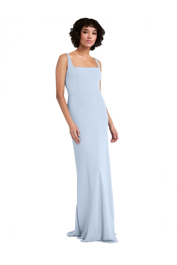 Achat Bleu ciel clair Fourreau Col Carré Crêpe Stretch Longue Robes demoiselle d'honneur / Robes de bal