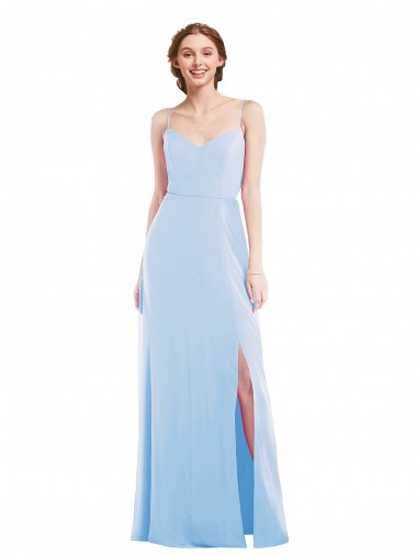 Achat Bleu ciel clair Trapèze Bretelles spaghetti Col V Mousseline Longue Formelles Robes demoiselle d'honneur / Robes de soirée