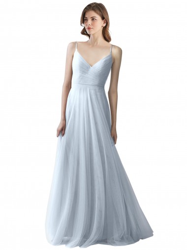 Achat Bleu ciel clair Trapèze Bretelles spaghetti Col V Tulle Longue Robes demoiselle d'honneur