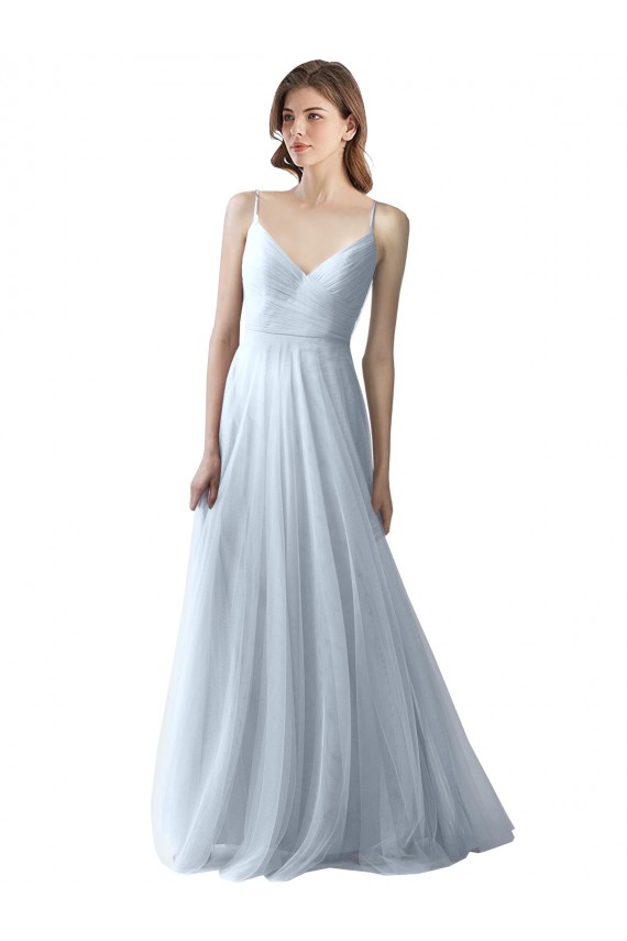 Achat Bleu ciel clair Trapèze Bretelles spaghetti Col V Tulle Longue Robes demoiselle d'honneur