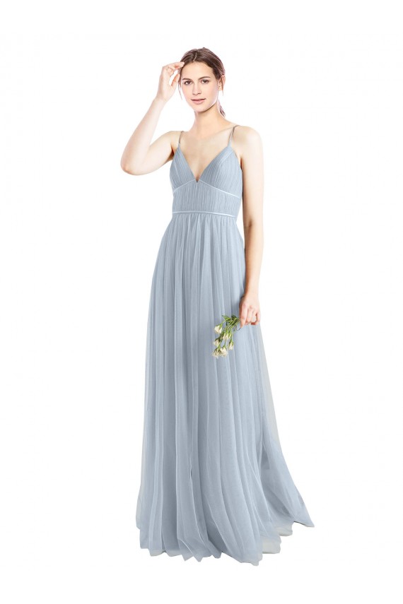 Achat Bleu ciel clair Trapèze Bretelles spaghetti Col V Tulle Longue Robes demoiselle d'honneur