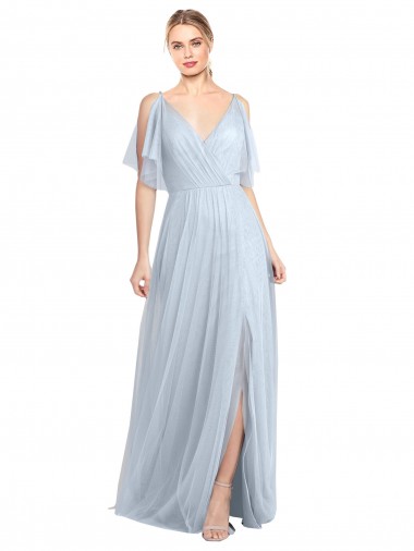 Achat Bleu ciel clair Trapèze Bretelles spaghetti Col V Tulle Longue Robes demoiselle d'honneur