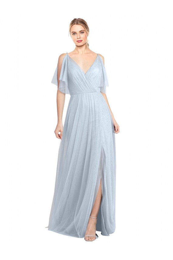 Achat Bleu ciel clair Trapèze Bretelles spaghetti Col V Tulle Longue Robes demoiselle d'honneur
