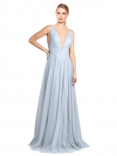 Achat Bleu ciel clair Trapèze Bretelles spaghetti Col V Tulle Longue Robes demoiselle d'honneur