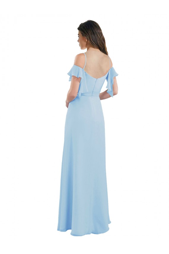 Achat Bleu ciel clair Trapèze Bretelles spaghetti Mousseline Longue Robes demoiselle d'honneur