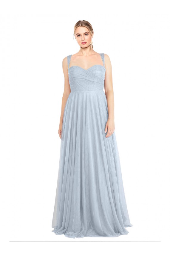 Achat Bleu ciel clair Trapèze Bretelles spaghetti Tulle Longue Robes demoiselle d'honneur
