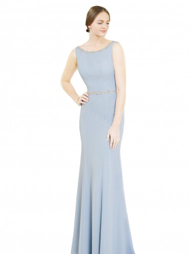 Achat Bleu ciel clair Trapèze Col Bateau Col Haut Mousseline Longue Robes demoiselle d'honneur