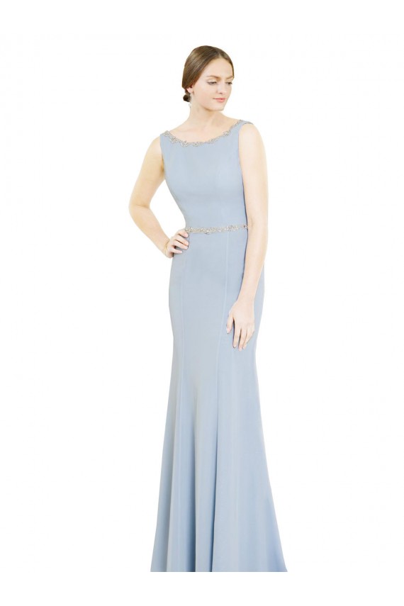Achat Bleu ciel clair Trapèze Col Bateau Col Haut Mousseline Longue Robes demoiselle d'honneur