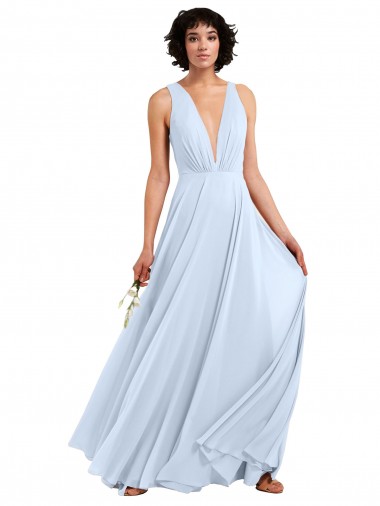 Achat Bleu ciel clair Trapèze Col V Mousseline Longue Robes demoiselle d'honneur