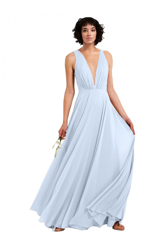 Achat Bleu ciel clair Trapèze Col V Mousseline Longue Robes demoiselle d'honneur