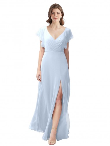 Achat Bleu ciel clair Trapèze Col V Mousseline Longue Robes demoiselle d'honneur