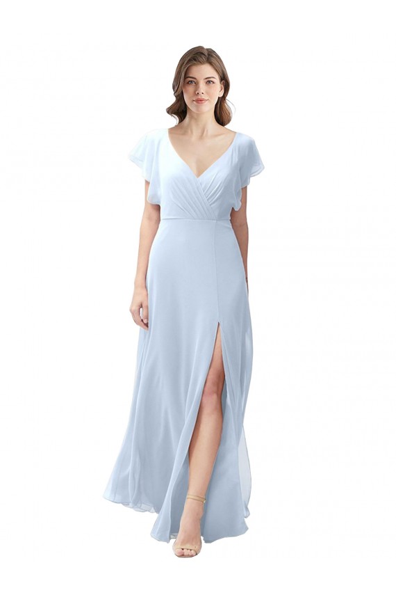 Achat Bleu ciel clair Trapèze Col V Mousseline Longue Robes demoiselle d'honneur