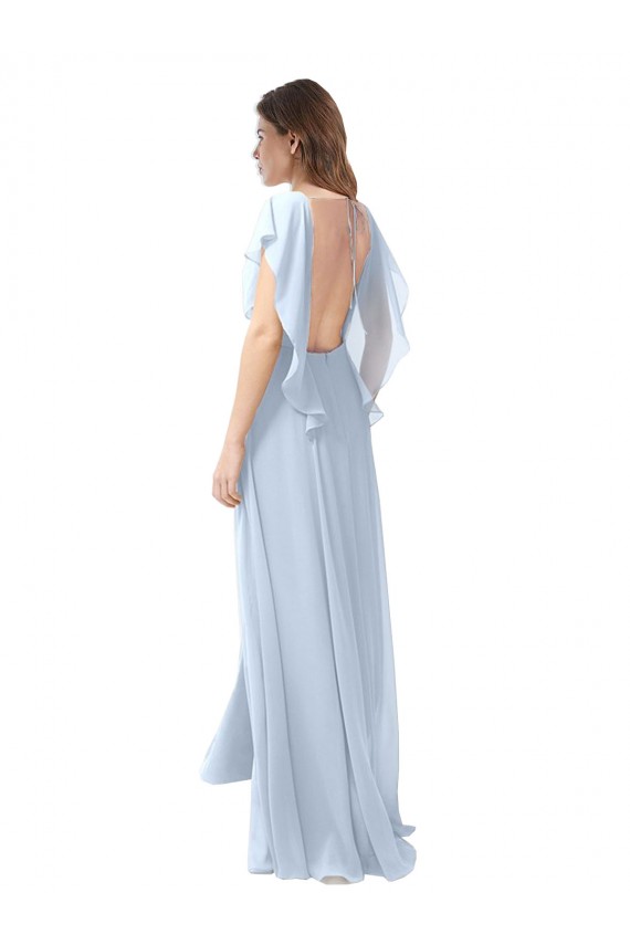 Achat Bleu ciel clair Trapèze Col V Mousseline Longue Robes demoiselle d'honneur