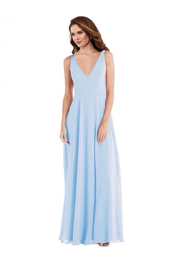 Achat Bleu ciel clair Trapèze Col V Mousseline Longue Robes demoiselle d'honneur