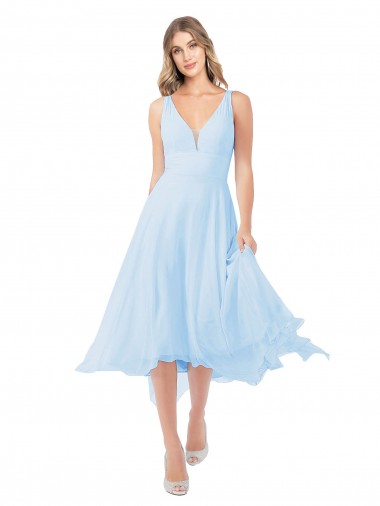 Achat Bleu ciel clair Trapèze Col V midi Mousseline Courte Robes demoiselle d'honneur / Robes de cocktail