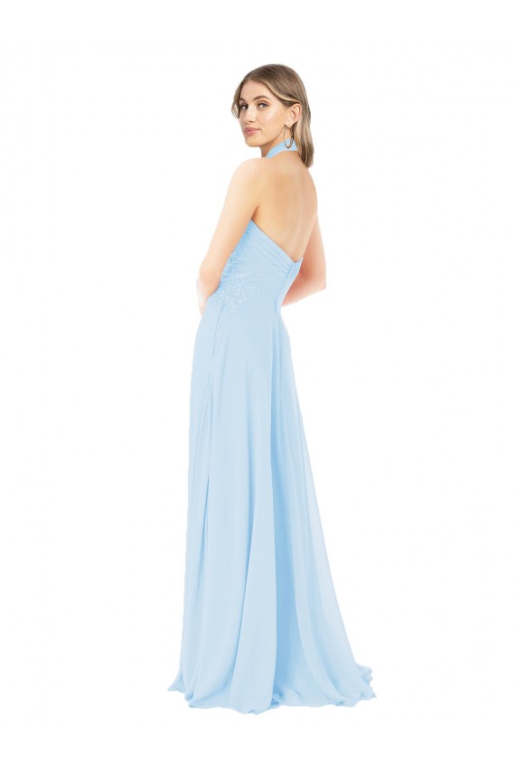 Achat Bleu ciel clair Trapèze Licou Col Haut Mousseline Longue Robes demoiselle d'honneur