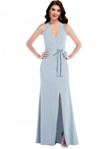 Achat Bleu ciel clair Trapèze Licou Col V Crêpe Stretch Longue Formelles Robes demoiselle d'honneur / Robes de soirée / Robes de bal
