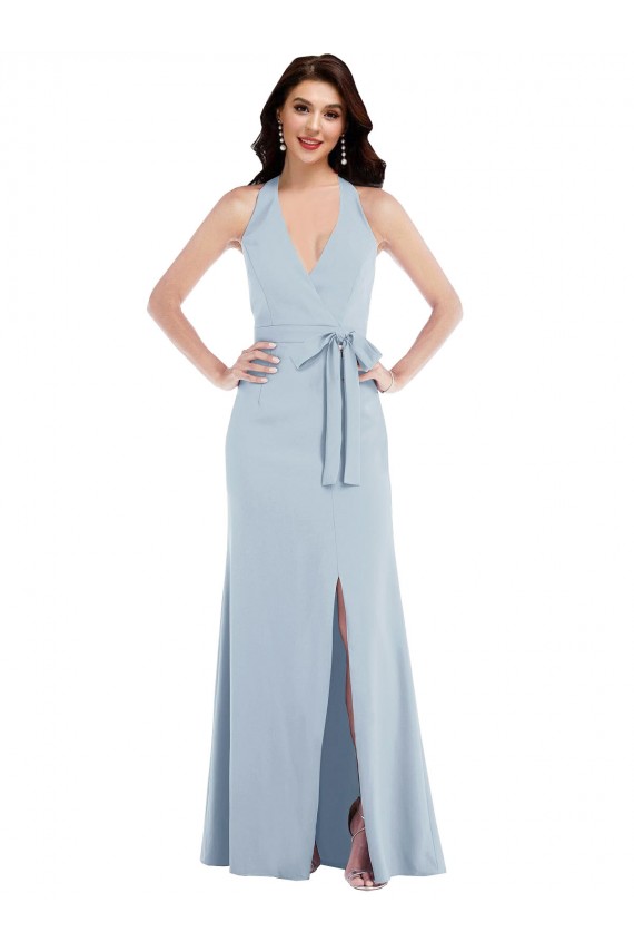 Achat Bleu ciel clair Trapèze Licou Col V Crêpe Stretch Longue Formelles Robes demoiselle d'honneur / Robes de soirée / Robes de bal